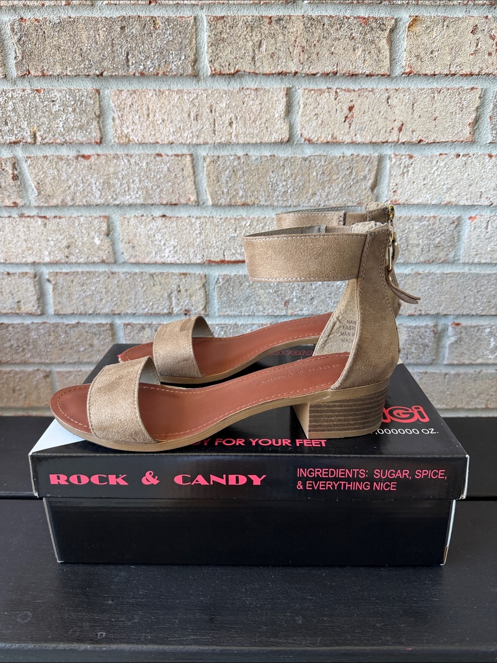 Rock & Candy Neutral Tan Ankle-Strap Block Heel Sandals
